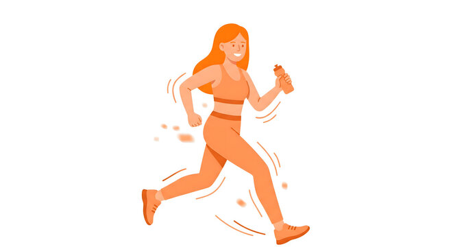 A minimalist flat vector illustration of an energetic young woman jogging with a bottle of water.