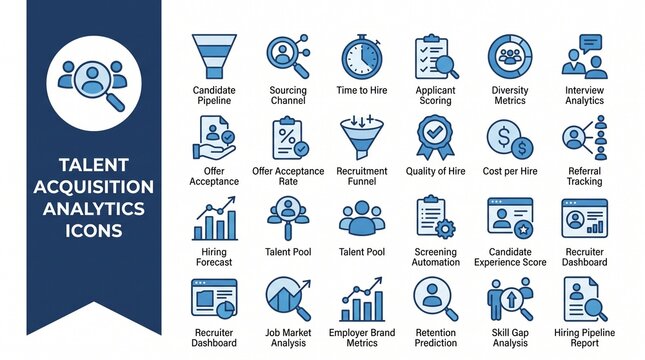 Talent Acquisition Analysis Flat Vector Icon Set &ndash; Recruitment, Hiring Data and HR Analytics