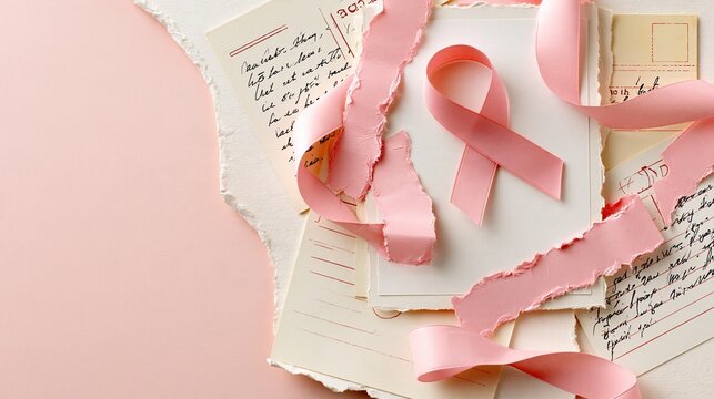 Pink Ribbon for Breast Cancer Awareness Month on Torn Paper