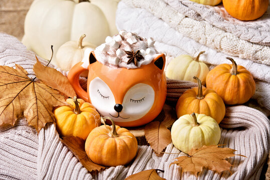 Creamy pumpkin spice latte topped with marshmallows and spices in Cute orange fox mug, surrounded by pumpkins and colorful autumn leaves.