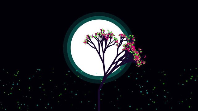 Minimalist Flowering Tree Silhouette Against Large Glowing Moon Art Animation 4K