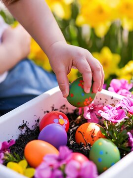 Small Child Picking Up Colorful Painted Easter Egg From Garden Box