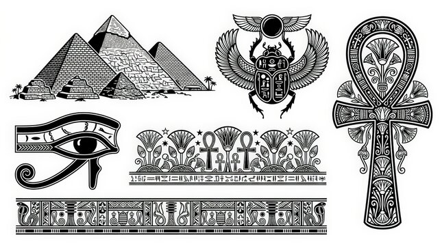 Set of Ancient Egyptian Symbols and Elements Featuring Pyramids of Giza, Winged Scarab, Ankh Cross, Eye of Horus, and Decorative Borders