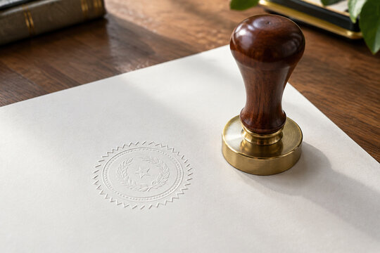 Notary stamp and embossed seal on paper, notarize legal certification and contract concept