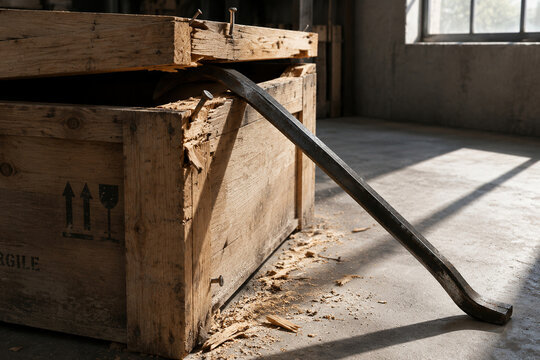 Steel pry bar opening wooden shipping crate lid, tools and construction concept