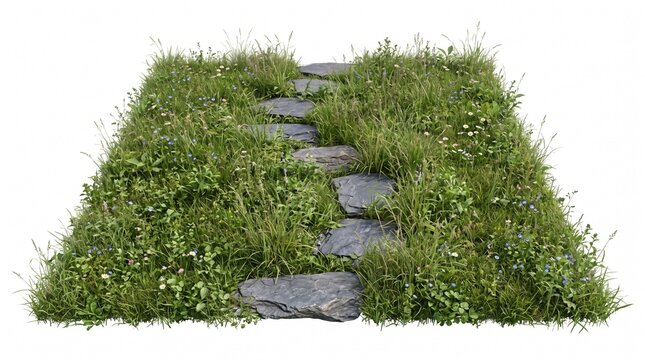 Stepping stone path through lush green grass and wild flowers isolated on white background. Natural stone walkway. Landscape architecture element. High detail 3D render asset for garden design