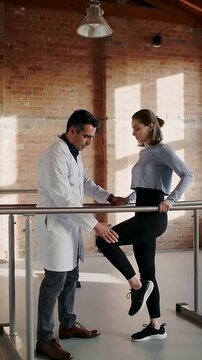 Vertical video: Guiding doc in labcoat placing hand by knee, rehab patient lifting on parallel bars