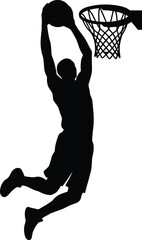 Black silhouette vector illustration of a basketball player dunking a ball into the hoop © MISSNUR