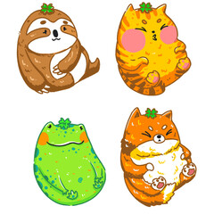 Fototapeta premium Set of cute kawaii colorful animal sloth, orange cat, frog, calico cat 
