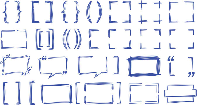 Set of handdrawn doodle frames, brackets, speech bubbles, and quotation marks, scribble style vector illustration