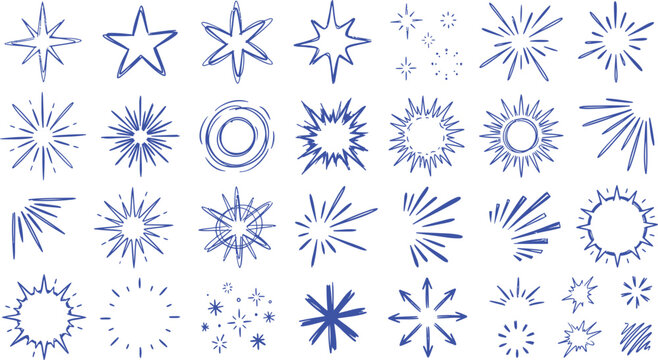 Hand drawn doodle stars and sparkles set, scribble style vector illustration