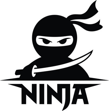 Black silhouette logo design of a mysterious ninja warrior holding a sharp katana sword with bold text