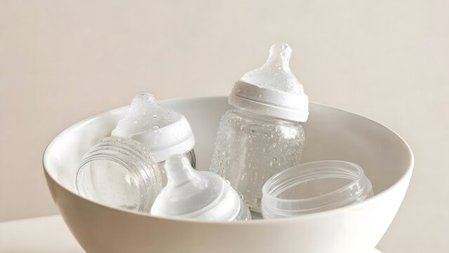 Sterilized Baby Bottle Parts in a White Bowl