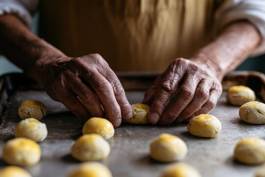Bakers hands pressing a thumbprint into egg-washed cookie dough ball, authentic lifestyle photography with cinematic ambient daylight and rich tactile textures, shot on 35mm lens