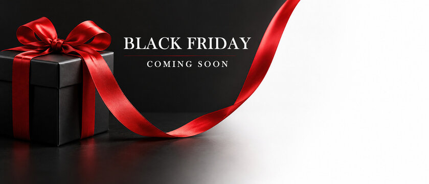 Red ribbon unfurling from a Black Friday gift box