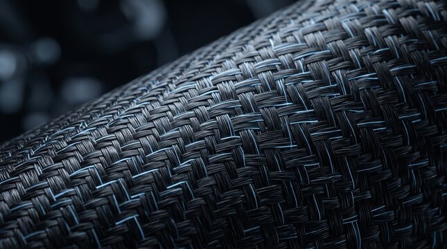 Macro Close-Up of a Dark Carbon Fiber Composite Sheet Showing Intricate Woven Texture and Reflective Fiber Strands under Soft Lighting