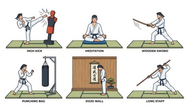 Martial Arts Training Set Illustration Featuring High Kick, Meditation, Wooden Sword, Punching Bag, Dojo Wall, and Long Staff
