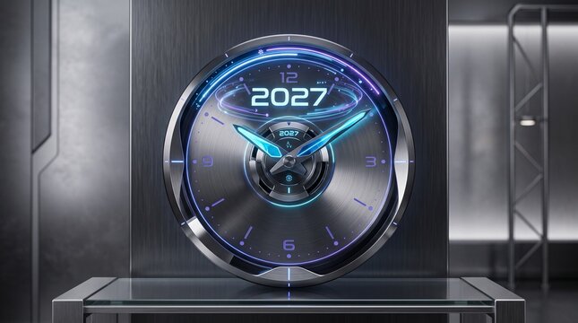 A sleek, metallic, futuristic circular clock design featuring a vibrant blue glowing light ring and the year 2027 displayed prominently on a modern steel background.