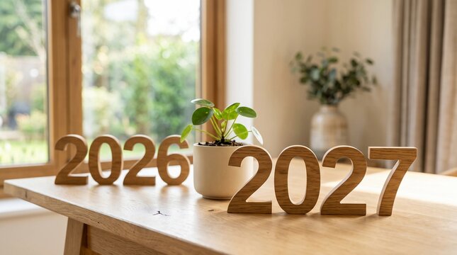 Wooden 2026 and 2027 numbers with green potted plant on desk for new year concept