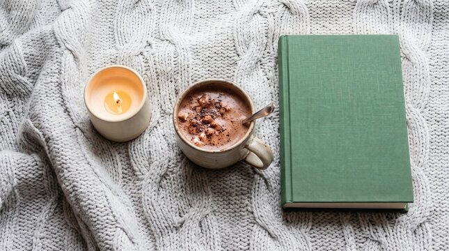 Lit candle, mug of cocoa and closed book on a grey knitted blanket, flat lay
