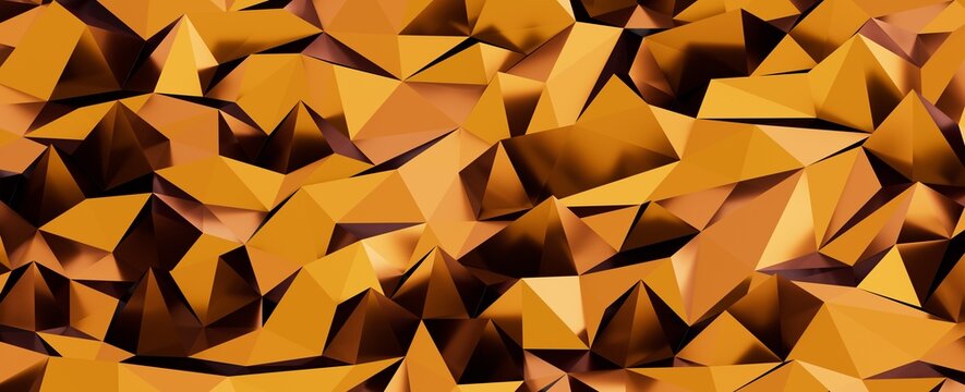 Abstract background of golden and orange geometric low poly triangles with shadows and reflections.
