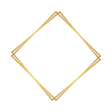 Geometric golden rhombus frame with double lines for luxury wedding invitations or elegant graphic design elements, abstract background.