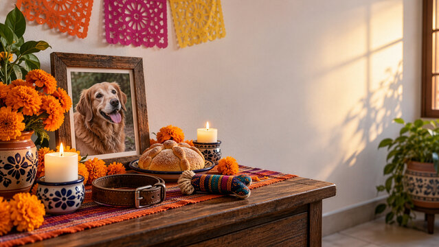 Day of the Dead Dog Memorial Altar with Marigolds and Candles