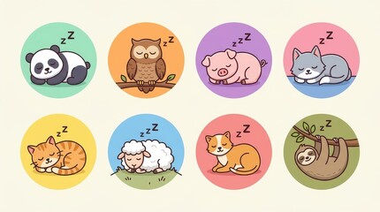 Fototapeta premium Cute Sleeping Animals Icon Set Featuring Panda Owl Pig Wolf Cat Sheep and Sloth in Kawaii Cartoon Style