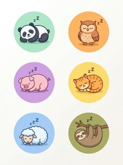 Fototapeta premium Cute Sleeping Animals Icon Set - Kawaii Panda, Owl, Pig, Cat, Sheep, and Sloth Vector Illustrations for Kids