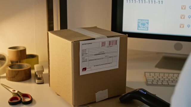 Unrecognizable man scanning barcode on cardboard parcel box with handheld reader and typing on computer. Clip suits e-commerce fulfillment, parcel shipping, and warehouse inventory management