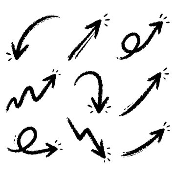 Hand Drawn Black Brush Arrows Collection, Curved and Dynamic Doodle Arrow Set