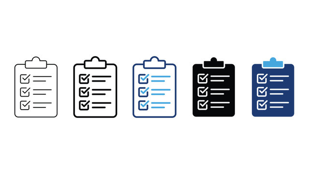 Set of clipboard icons with checkmarks, task list symbols in various styles including outline, solid, and colored vector designs for business and project management