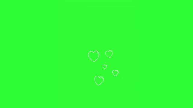 White outlined heart bubble animation with multiple hearts floating upward on a bright green screen background