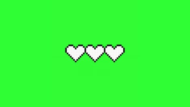 Pixel art animation featuring three retro hearts with red and white colors on a bright green screen background, creating a playful digital love graphic for gaming, Valentine's Day, romance, 