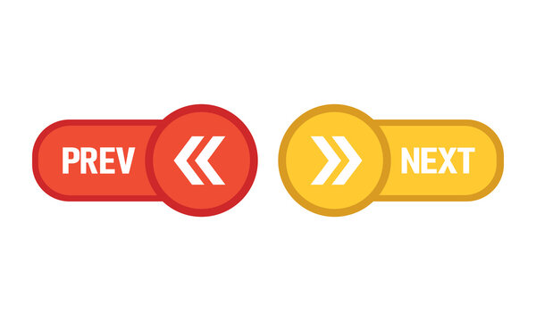 Red and yellow navigation buttons with 'prev' and 'next' text and double chevron arrows for guiding users through content or pages, website interface elements.