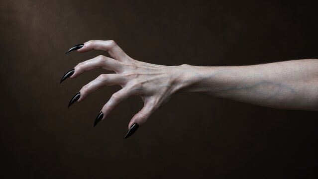 Pale supernatural arm reaching with long black claws on dark background