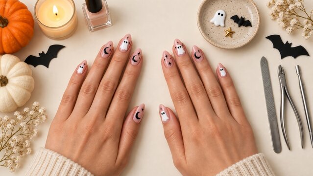 Halloween ghost manicure with moon nail art and seasonal salon accessories
