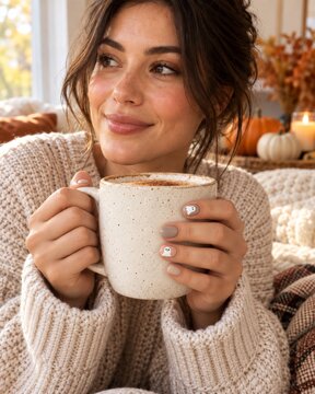 Woman holding a warm mug with subtle ghost accent manicure in autumn decor