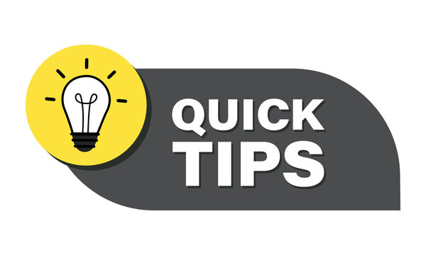 Dark gray banner with a yellow circle containing a light bulb and the words quick tips, ideal for sharing insights and creative solutions.