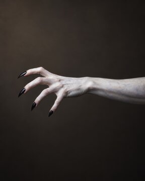 Pale clawed arm reaching into a dark empty background