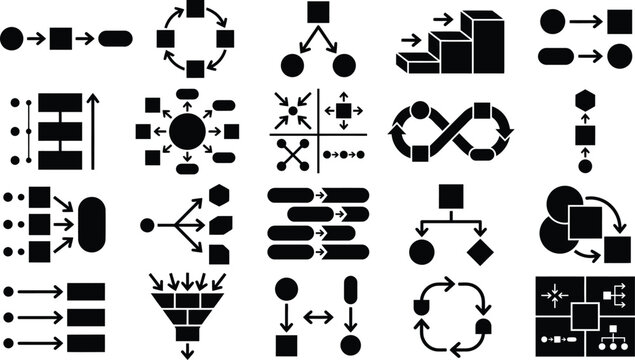 Collection of various black and white flowchart and process diagram design icons