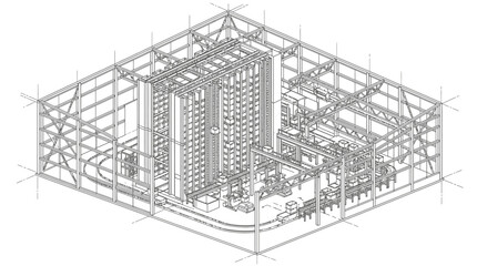 Fototapeta premium Isometric wireframe illustration presents a sprawling industrial complex featuring multiple connected structures and an intricate internal layout.