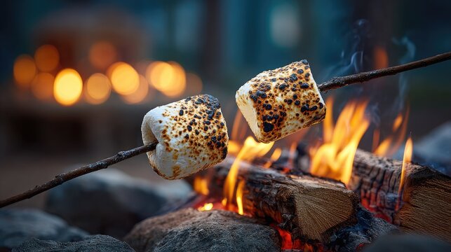 Two marshmallows roasting over campfire flames