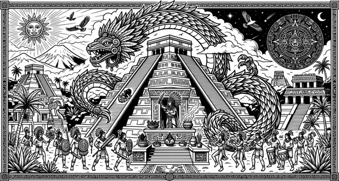 Aztec Pyramid and Serpent God Line Art   