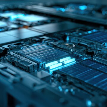 Close up of illuminated modular battery components in high tech