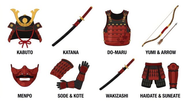 Traditional Japanese Samurai Armor and Weapons Vector Illustration Set with Kabuto, Katana, and Menpo