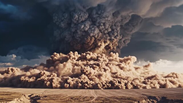 Nuclear explosion mushroom cloud expanding with smoke and dust during daylight in a desert landscape