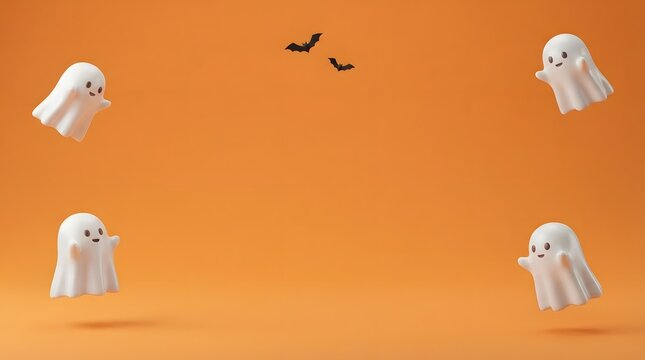 A spooky and delightful 3d halloween scene featuring playful ghosts and a bat perfect for decorations wallpapers and festive