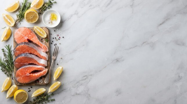 Raw salmon steaks with lemon and herbs on a marble surface with copy space