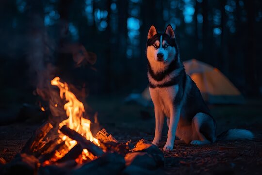 Siberian husky dog sitting near warm campfire at outdoor forest campsite at night